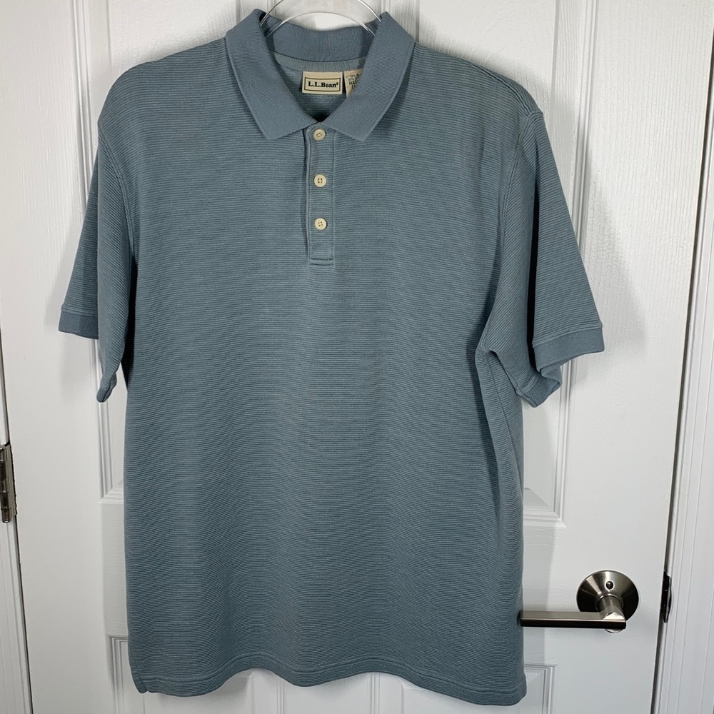 LL Bean dusty blue/green color silk and cotton ribbed polo shirt size large